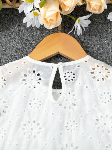 Young Girl Solid Color Round Neck Flying Sleeve Burnout Shirt
