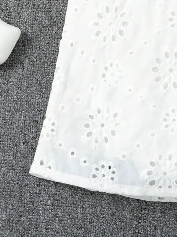 Young Girl Solid Color Round Neck Flying Sleeve Burnout Shirt