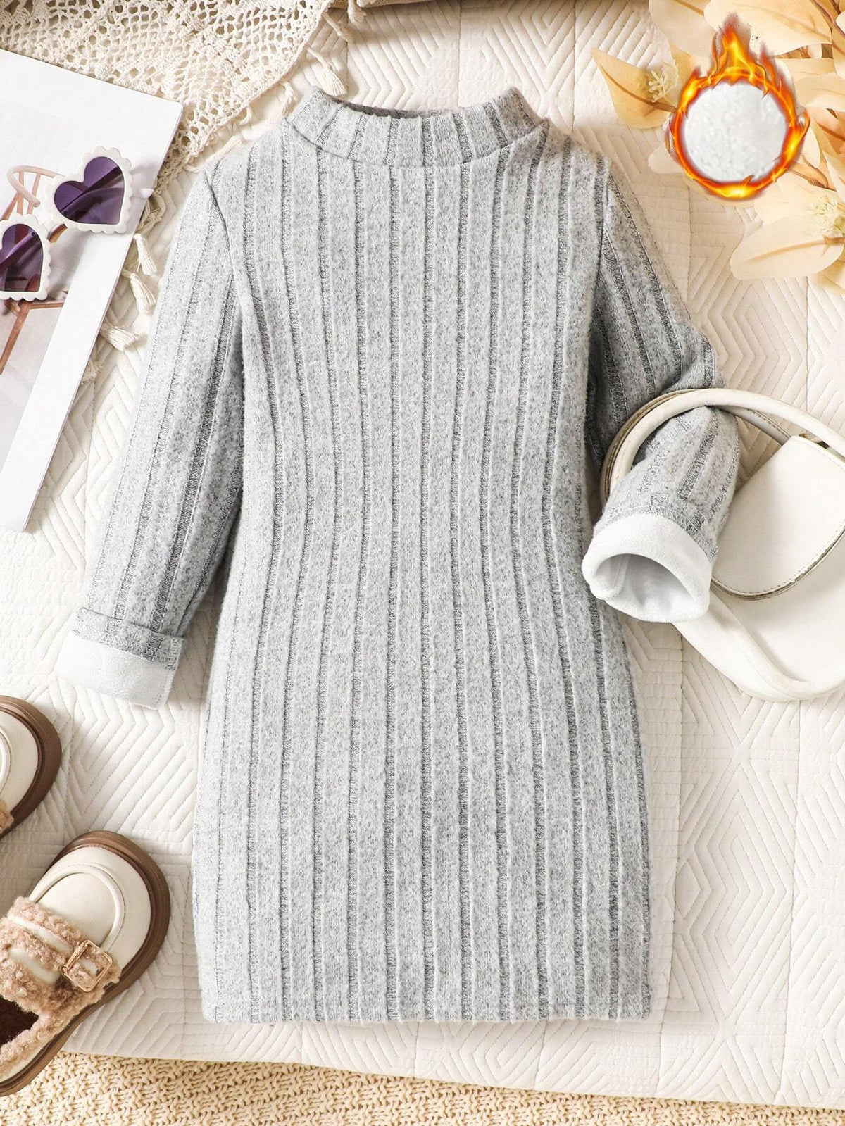 Young Girl Solid Color Round Neck Long Sleeve Fleece Lining Casual Everyday Dress, Autumn/Winter