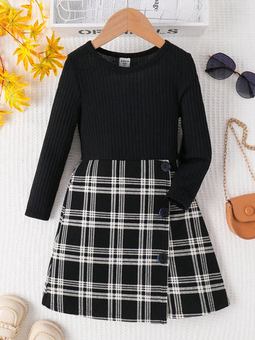 Young Girl Solid Color Round Neck Patchwork Plaid Casual Knitted Dress