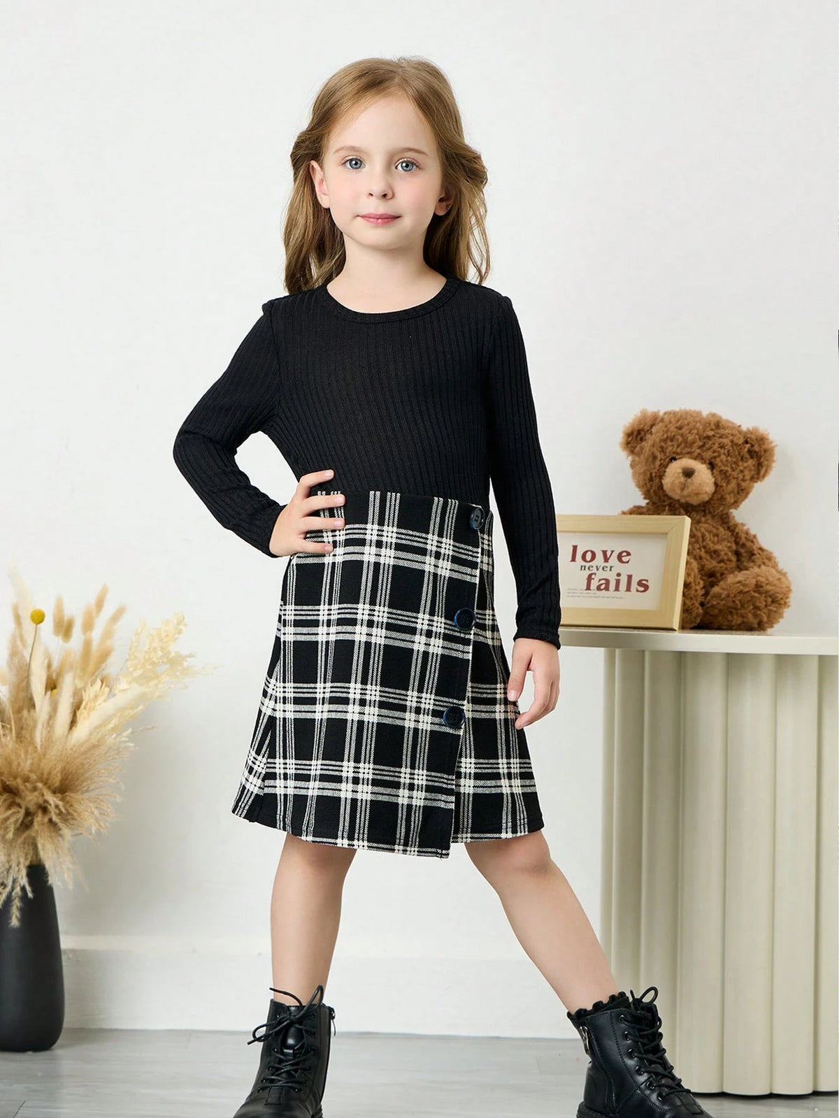 Young Girl Solid Color Round Neck Patchwork Plaid Casual Knitted Dress