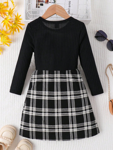 Young Girl Solid Color Round Neck Patchwork Plaid Casual Knitted Dress