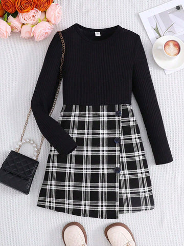 Young Girl Solid Color Round Neck Patchwork Plaid Casual Knitted Dress