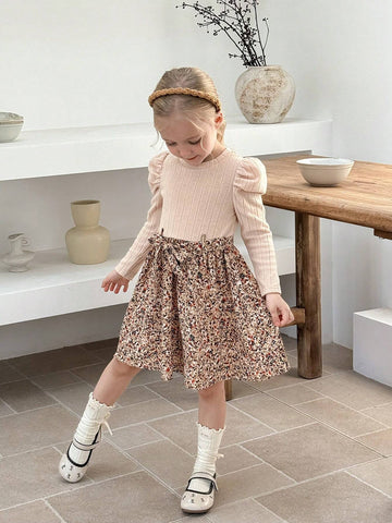Young Girl Solid Color Round Neck Patchwork Printed Knit Midi Dress