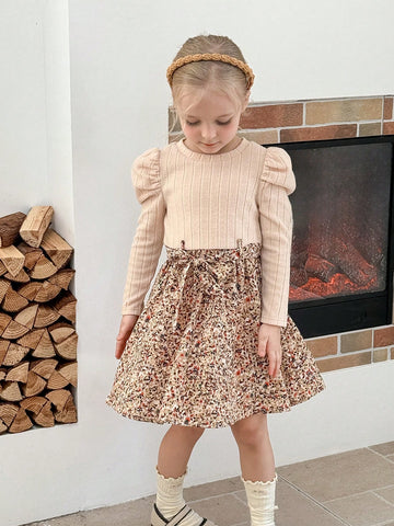 Young Girl Solid Color Round Neck Patchwork Printed Knit Midi Dress