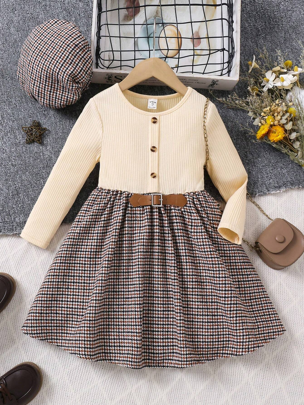 Young Girl Solid Color Round Neck Patchwork Woven Fitted Dress With Hood
