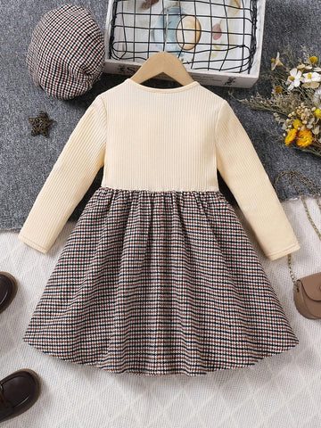 Young Girl Solid Color Round Neck Patchwork Woven Fitted Dress With Hood