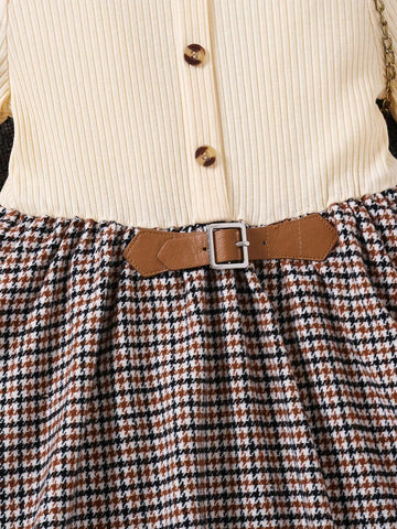 Young Girl Solid Color Round Neck Patchwork Woven Fitted Dress With Hood