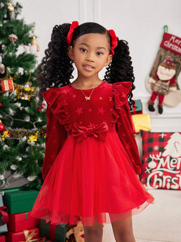 Young Girl Solid Color Round Neck Ruffle Patchwork Sheer Woven Elegant Dress