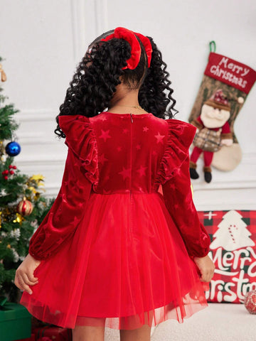 Young Girl Solid Color Round Neck Ruffle Patchwork Sheer Woven Elegant Dress