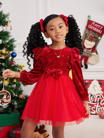 Young Girl Solid Color Round Neck Ruffle Patchwork Sheer Woven Elegant Dress