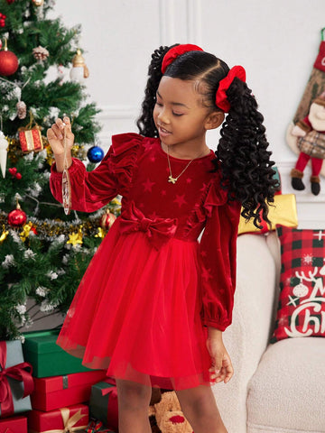 Young Girl Solid Color Round Neck Ruffle Patchwork Sheer Woven Elegant Dress