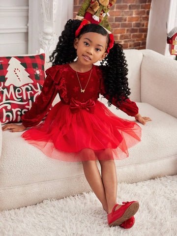 Young Girl Solid Color Round Neck Ruffle Patchwork Sheer Woven Elegant Dress