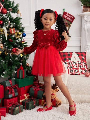 Young Girl Solid Color Round Neck Ruffle Patchwork Sheer Woven Elegant Dress