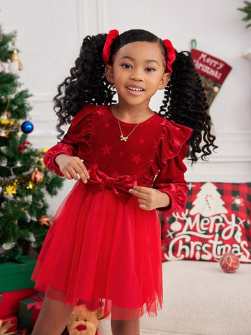 Young Girl Solid Color Round Neck Ruffle Patchwork Sheer Woven Elegant Dress