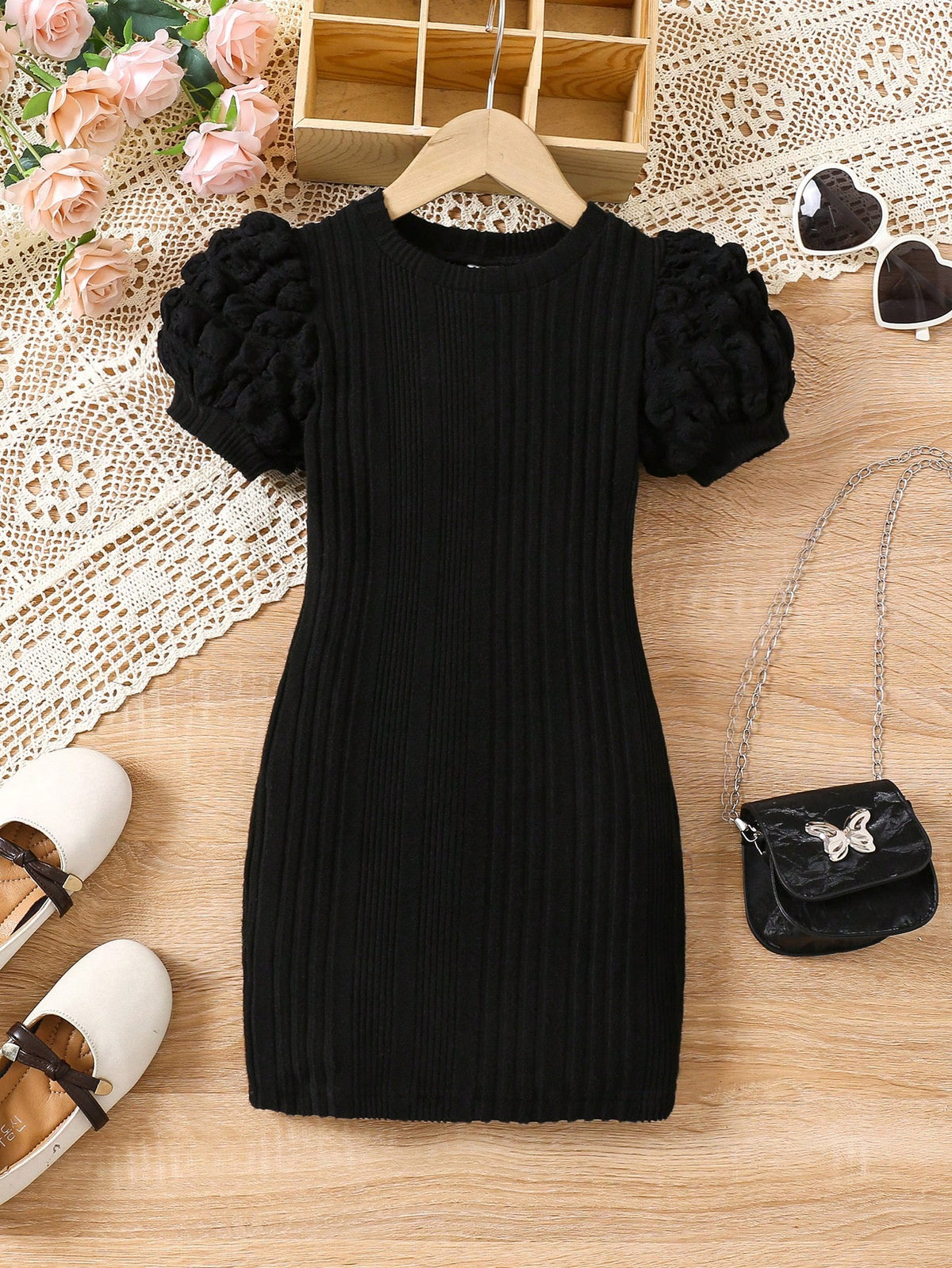Young Girl Solid Color Round Neck Short Sleeve Simple Casual Dress