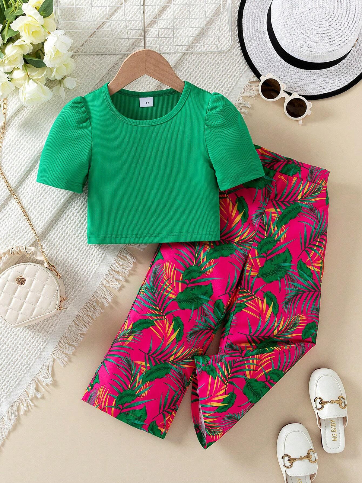 Young Girl Solid Color Ruched Top And Wide-Leg Long Pants Two-Piece Set