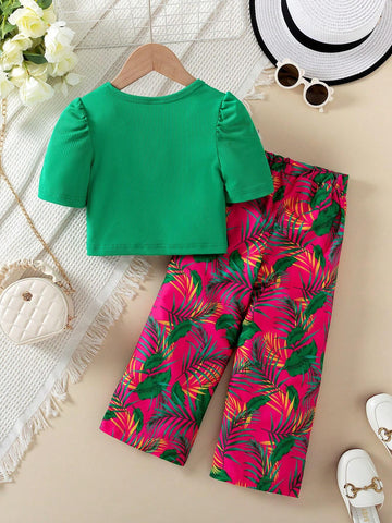 Young Girl Solid Color Ruched Top And Wide-Leg Long Pants Two-Piece Set