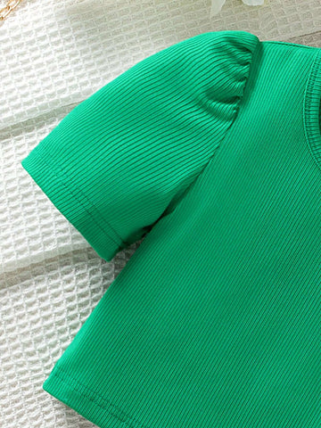 Young Girl Solid Color Ruched Top And Wide-Leg Long Pants Two-Piece Set