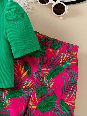 Young Girl Solid Color Ruched Top And Wide-Leg Long Pants Two-Piece Set