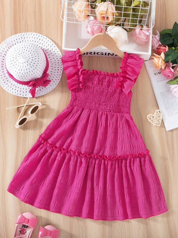 Young Girl Solid Color Ruffle Hem Sleeveless Princess Dress With Hat, Summer