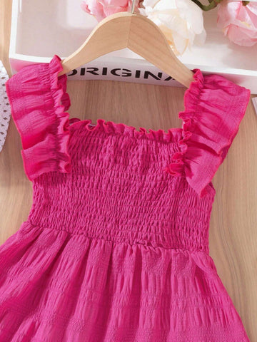 Young Girl Solid Color Ruffle Hem Sleeveless Princess Dress With Hat, Summer