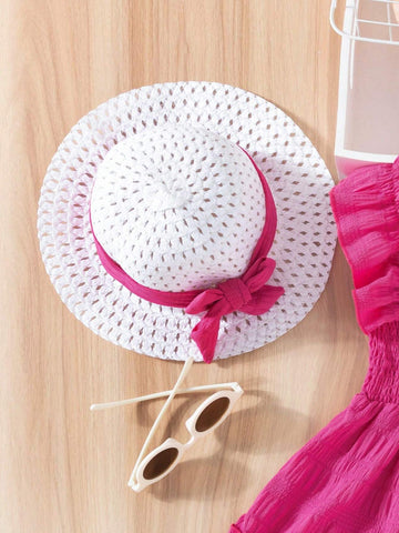 Young Girl Solid Color Ruffle Hem Sleeveless Princess Dress With Hat, Summer