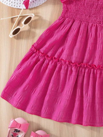 Young Girl Solid Color Ruffle Hem Sleeveless Princess Dress With Hat, Summer