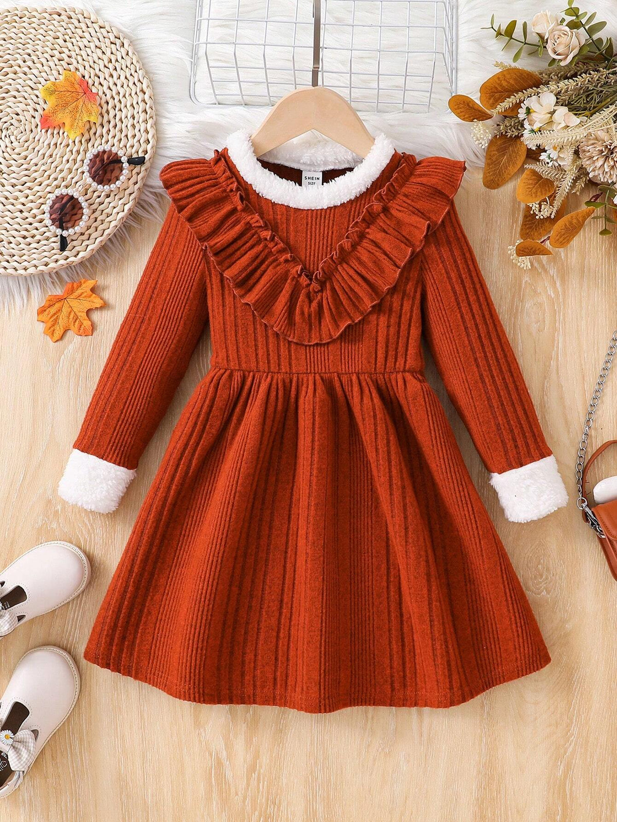 Young Girl Solid Color Ruffle Trim Fitted Casual Knit Dress