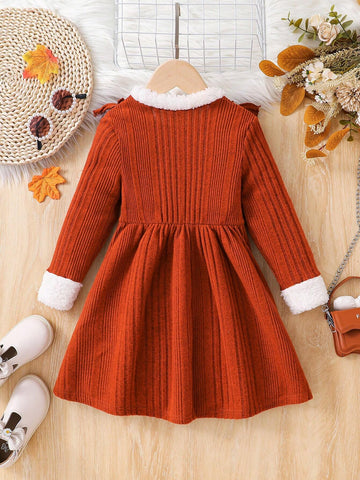 Young Girl Solid Color Ruffle Trim Fitted Casual Knit Dress