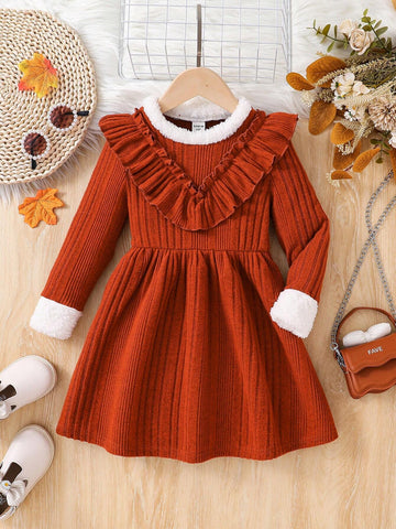 Young Girl Solid Color Ruffle Trim Fitted Casual Knit Dress