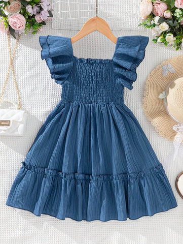 Young Girl Solid Color Ruffle Trim Puff Sleeve Mini Dress