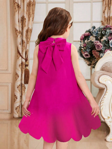 Young Girl Solid Color Seashell EdgeSleeveless Big Bow Loose Fit Woven Pullover Casual Dress