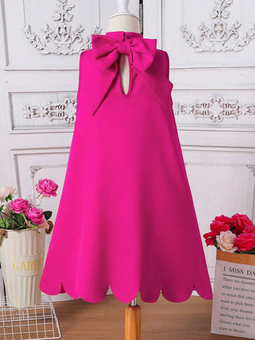 Young Girl Solid Color Seashell EdgeSleeveless Big Bow Loose Fit Woven Pullover Casual Dress