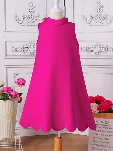 Young Girl Solid Color Seashell EdgeSleeveless Big Bow Loose Fit Woven Pullover Casual Dress