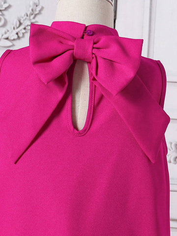 Young Girl Solid Color Seashell EdgeSleeveless Big Bow Loose Fit Woven Pullover Casual Dress