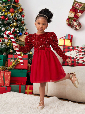 Young Girl Solid Color Sequin Round Neck Long Sleeve Dress For Christmas