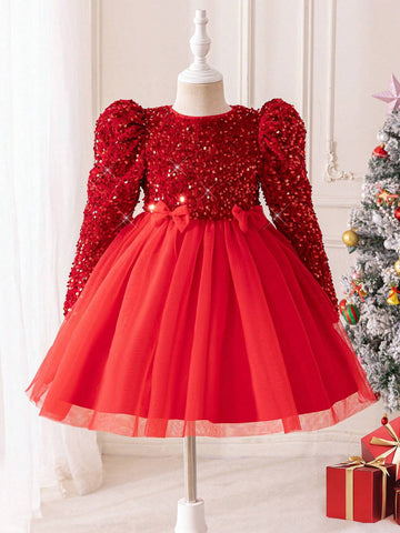 Young Girl Solid Color Sequin Round Neck Long Sleeve Dress For Christmas