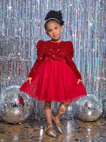 Young Girl Solid Color Sequin Round Neck Long Sleeve Dress For Christmas