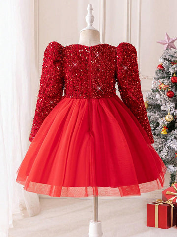 Young Girl Solid Color Sequin Round Neck Long Sleeve Dress For Christmas