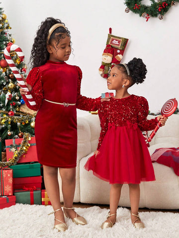 Young Girl Solid Color Sequin Round Neck Long Sleeve Dress For Christmas