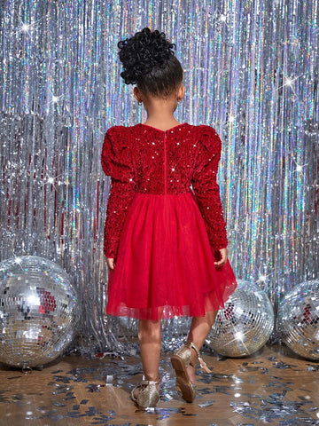 Young Girl Solid Color Sequin Round Neck Long Sleeve Dress For Christmas