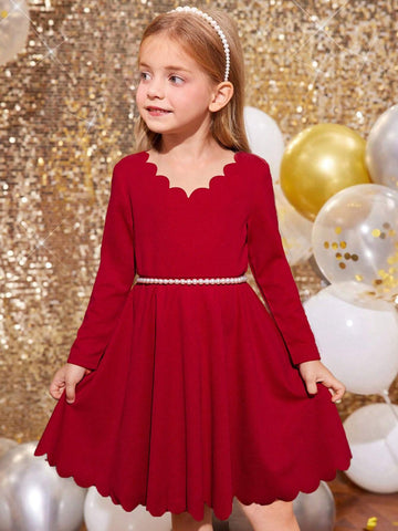 Young Girl Solid Color Shell Edge Long Sleeve Arc Hem Dress