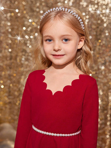 Young Girl Solid Color Shell Edge Long Sleeve Arc Hem Dress