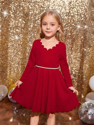 Young Girl Solid Color Shell Edge Long Sleeve Arc Hem Dress