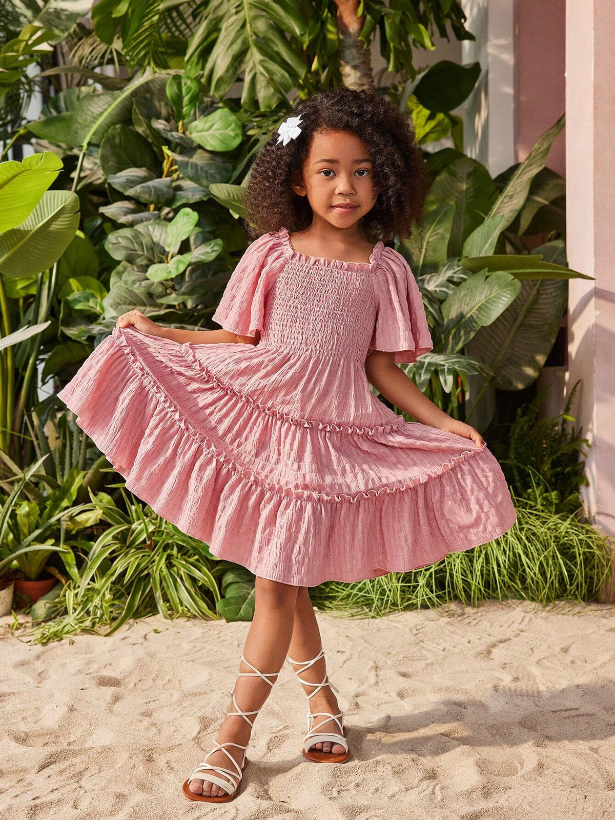 Young Girl Solid Color Short Sleeve Dress With Gathered Hem