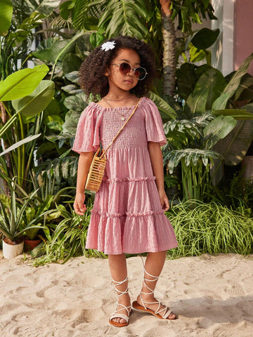 Young Girl Solid Color Short Sleeve Dress With Gathered Hem