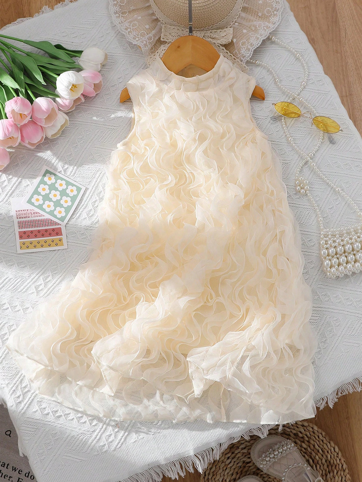 Young Girl' Solid Color Sleeveless Wavy Collar Elegant Summer Dress