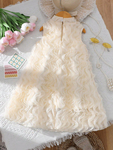 Young Girl' Solid Color Sleeveless Wavy Collar Elegant Summer Dress