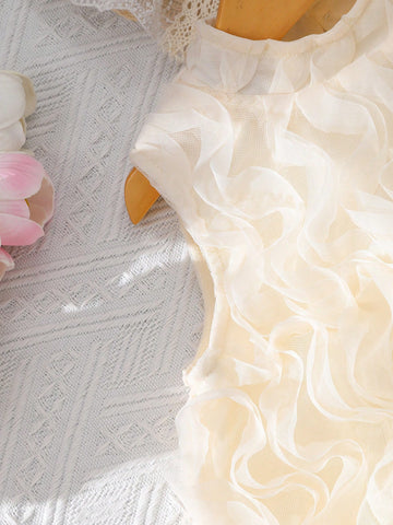 Young Girl' Solid Color Sleeveless Wavy Collar Elegant Summer Dress